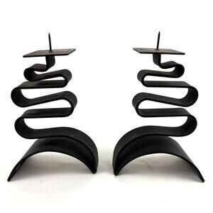Pair Of Black Metal Vintage Abstract Swirl Candlesticks 7.5" tall Candle Holders